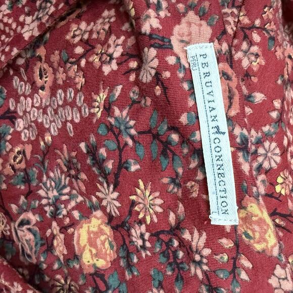 Peruvian Connection Dress Size Large Rose Lacquer Faux Wrap Floral Boho Cottage - Picture 6 of 10